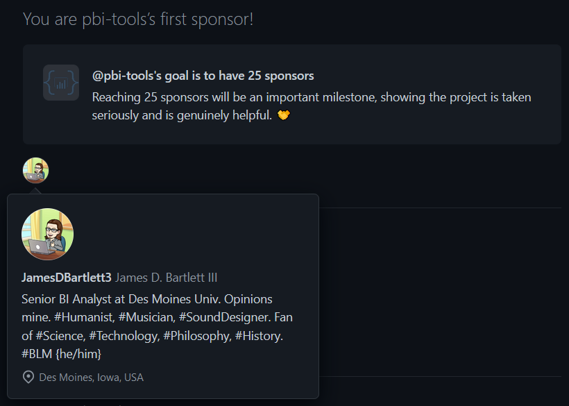 JamesDBartlett3's tweet photo. It's been nearly a year since @mthierba released #pbitools to the public. Today, I decided to show my appreciation for all the hard work Mathias has put into this open-source project.
Fellow #PowerBI pros, please join me in sponsoring pbi-tools on @github!
https://t.co/3IcQweIRYd https://t.co/cex51yU8BE