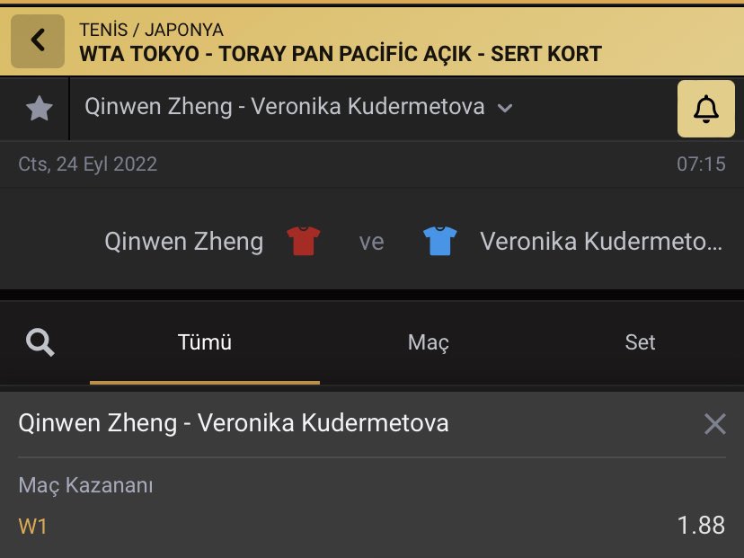 Tenis - Tokyo Qinwen Zheng geleceğin top 3 oyuncusu olacak bir raket. Finali ben Zheng - Samsonova bekliyorum burada underdog çıkmış ama Kudermetova’nın yetenek olarak sıyrıldığı durum yok. Ben Zhengi önde görüyorum. Stake 8 Güvencemle oynamak için: bit.ly/MNYTipsMoney