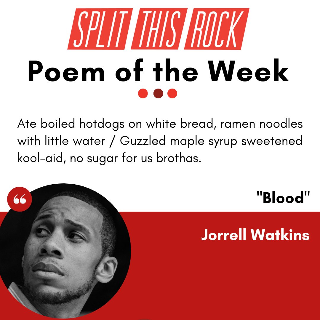 Ate boiled hotdogs on white bread, ramen noodles with little water / Guzzled maple syrup sweetened kool-aid, no sugar for us brothas.

Poem of the Week is “Blood” by Jorrell Watkins. Poem as audio &amp; text at The Quarry: bit.ly/3ysLlVK 

#PoemoftheWeek #poetry #poem