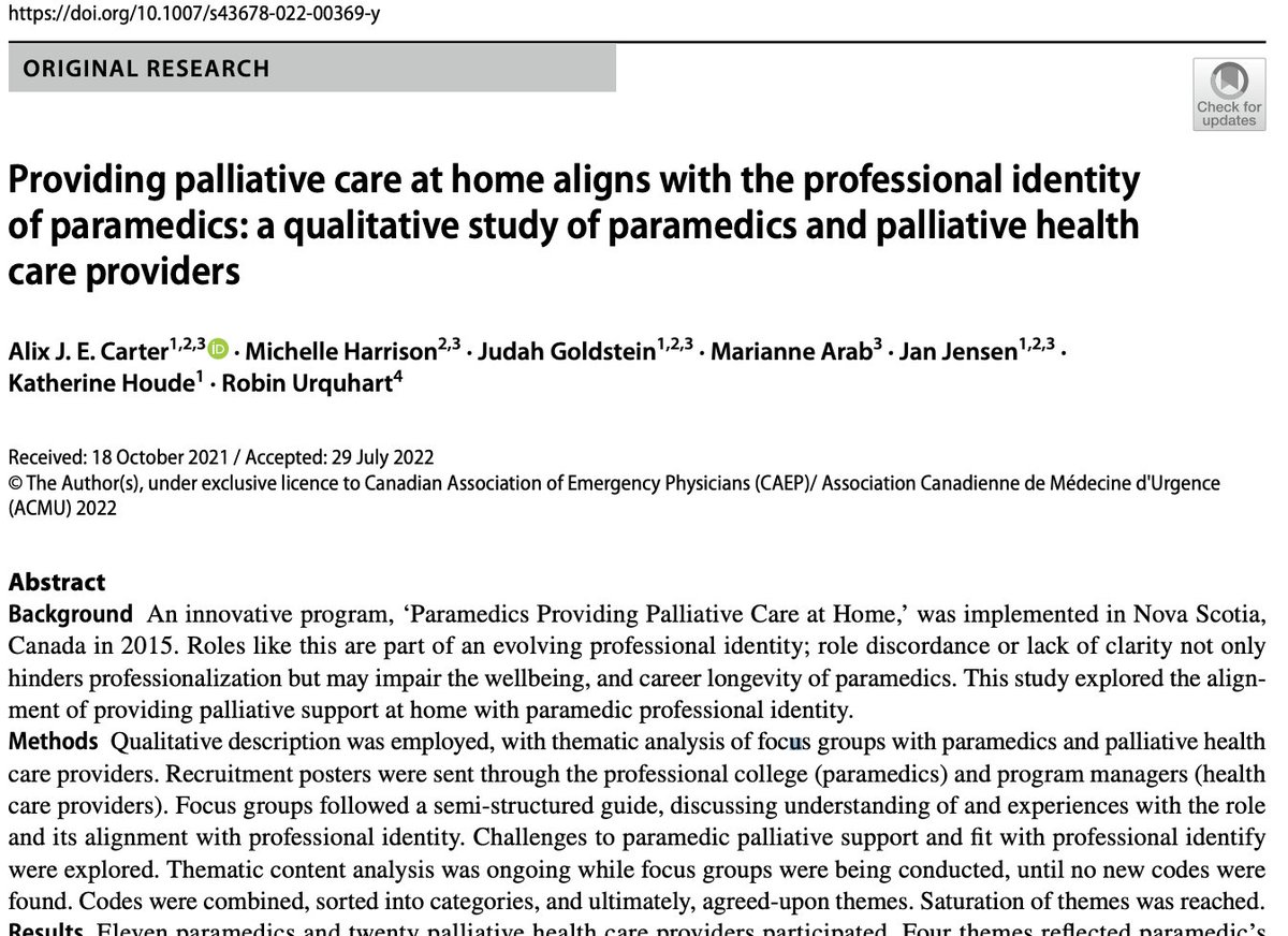 "Paramedics and palliative health care providers highlighted the provision of palliative care as part of a positive growth of paramedicine as a health profession, and a good fit with professional identity."
link.springer.com/article/10.100…