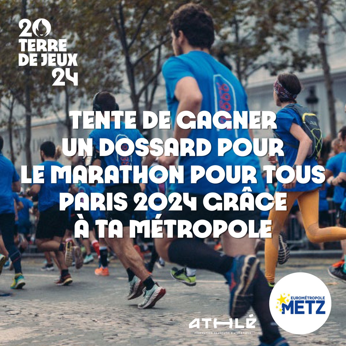 EuroMetroMetz's tweet photo. Tentez de gagner votre dossard pour le « Marathon pour tous » en 2024 en participant au #Marathon Eurométropole de Metz ! 🏃‍♀️🏃‍♂️ Cette épreuve vous permettra d’emboiter le pas aux athlètes olympique sur le même parcours. 🥇 Plus d’informations 👉 https://t.co/qMsjZKSj1x https://t.co/Ebr8JGLBZ5