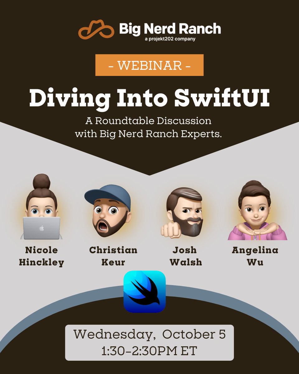 bignerdranch's tweet image. Want to get started with or expand your knowledge of SwiftUI? 📱 You won’t want to miss our upcoming webinar: “Diving Into SwiftUI” on Wednesday, October 5 from 1:30–2:30PM ET.

Register now to save your spot: bit.ly/3R6zXod

#BigNerdRanch #SwiftUI #iOSDevelopment