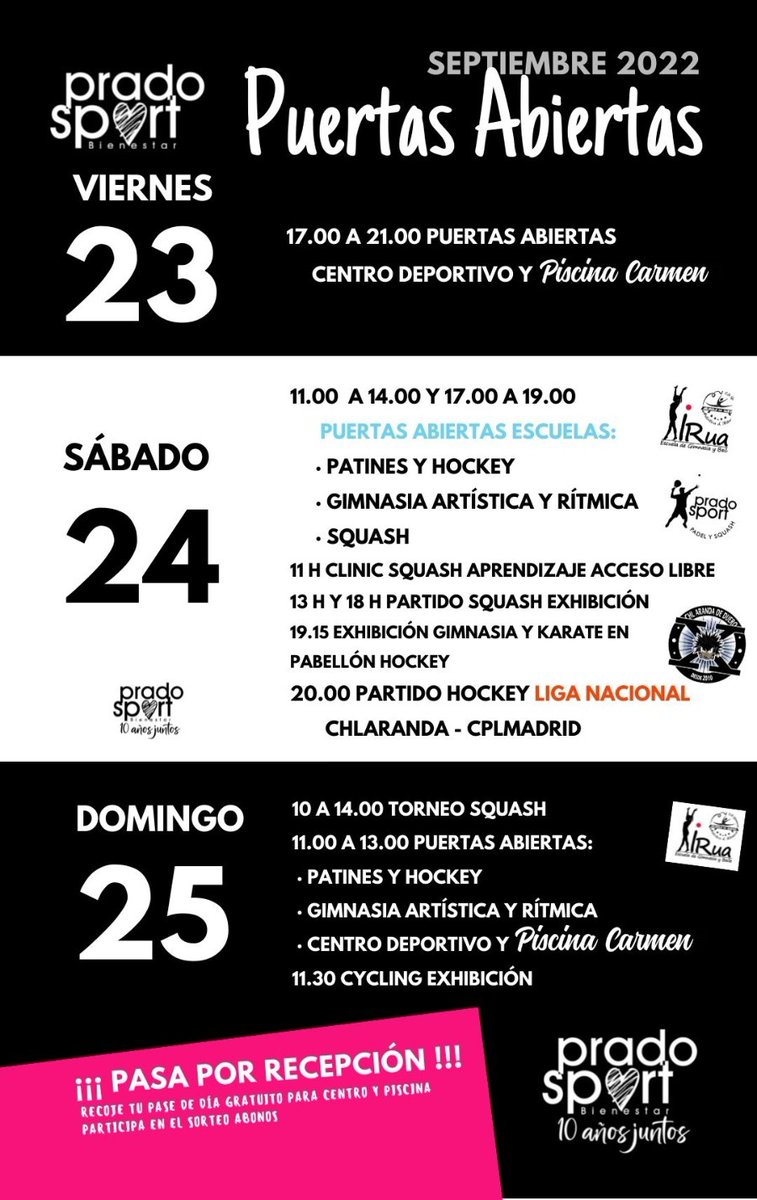 No te pierdas este fin de semana las jornadas de PUERTAS ABIERTAS en <a href="/PradoSport/">Prado Sport</a> .Ven a probar el centro deportivo y la Piscina Carmen Piscina Climatizada Prado Sport , recoge tu pase de día y entra en el SORTEO DE ABONOS!!