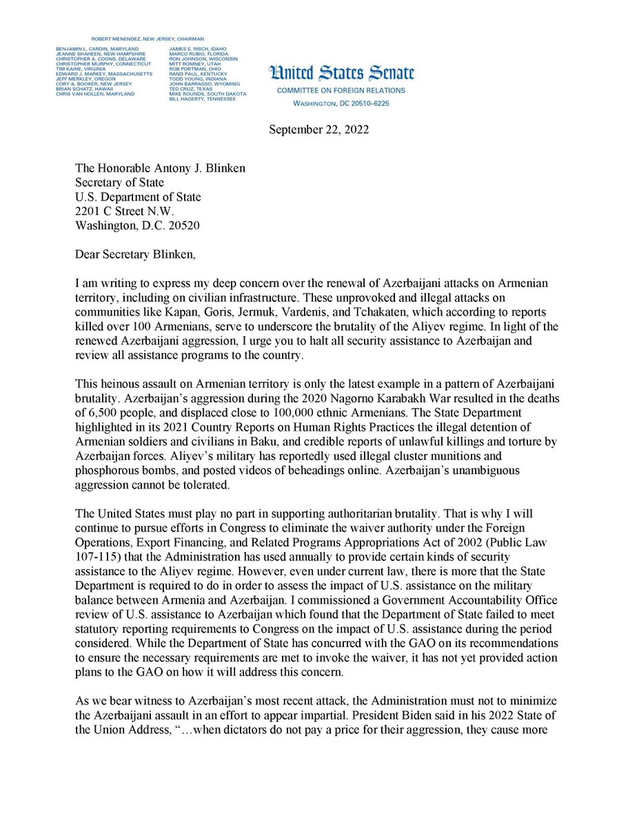 SFRCdems's tweet photo. Horrified by Azerbaijani forces' recent aggression toward Armenia &amp; callous assaults on civilian infrastructure. As I wrote to @SecBlinken, the US cannot condone this authoritarian brutality. 
We must promptly halt ALL security assistance to Azerbaijan. 
https://t.co/axRcrYVUiM https://t.co/Gxavpxej1l