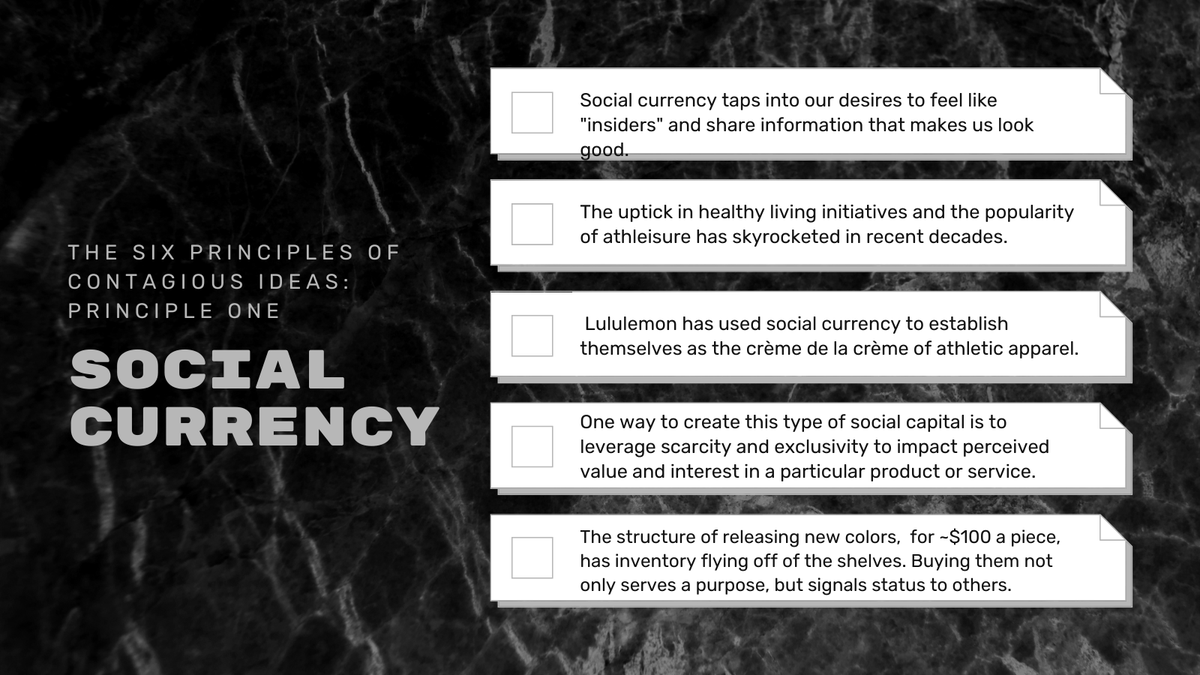 CaseyFreeman__'s tweet photo. According to @j1berger, the transmission of ideas can be explained by  STEPPS, the six principles of contagion. Take a look at how @lululemon nailed the use of the principle of social currency. #MimsPR #PR https://t.co/vr60QjFHaW