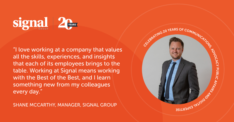 signalgroupdc's tweet photo. As Signal celebrates its 20th anniversary, our team will share our perspectives on the company's two decades of serving clients. Manager of Communications Shane McCarthy shares his thoughts on #Signal20:
