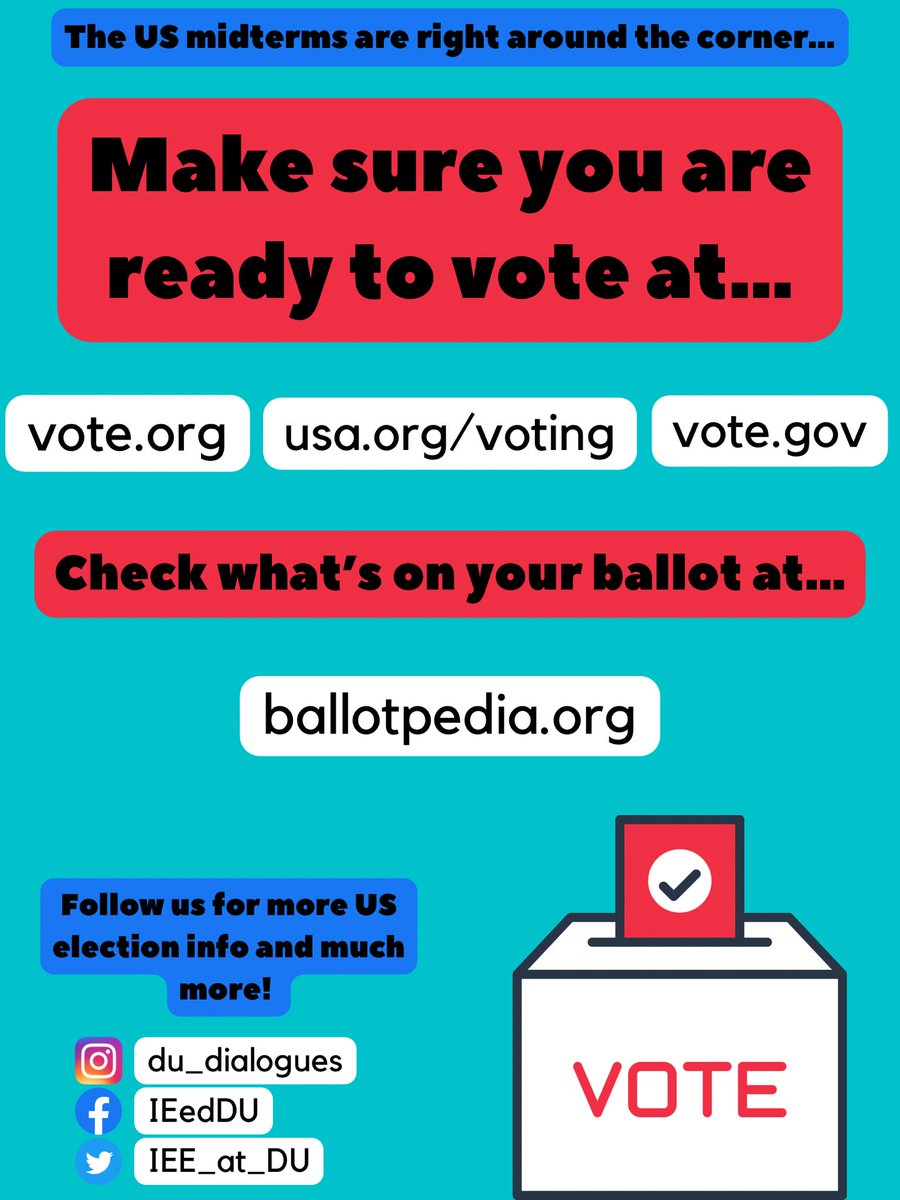 There are 46 days left until the US midterms! Use the resources linked in our bio to register to vote, request a ballot, or learn more about what is on your ballot. 

Drop us a follow to receive more information on US elections and so much more!