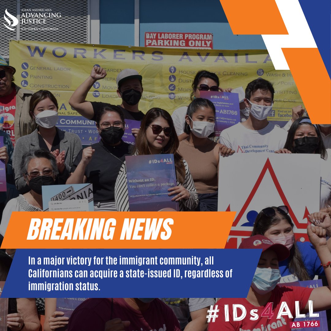 ajsocal_'s tweet photo. 📢 BREAKING! All Californians can acquire a state-issued ID by 2027, regardless of immigration status through #AB1766, which was just signed by @CAgovernor
Thank you to @JonesSawyerAD59 @AsmMarkStone @SantiagoAD53 @aaaj_alc @CHIRLA @EastrnProSeries @CALimmigrant #IDs4All https://t.co/NwXpdnwFlf