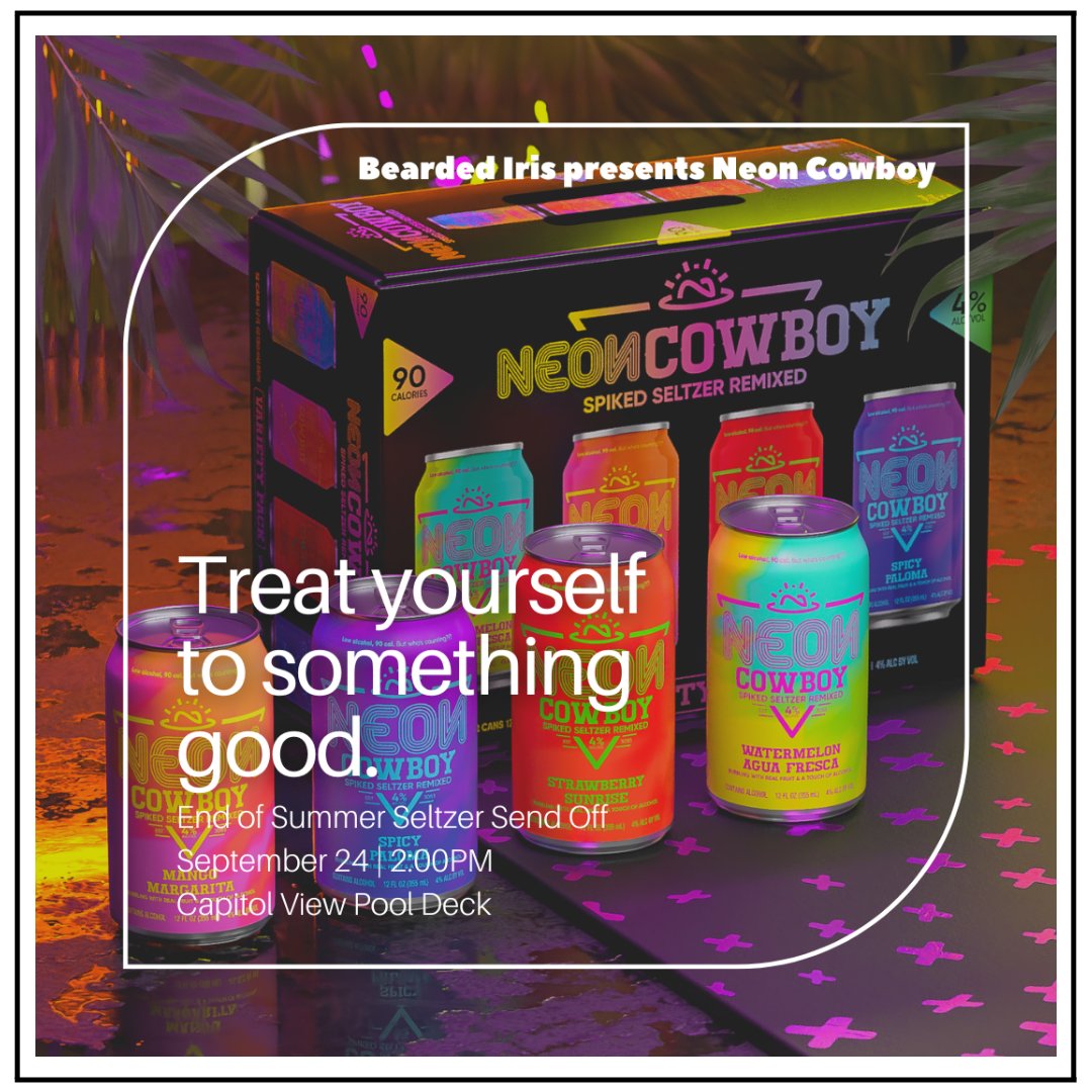 capitolviewtn's tweet photo. Meet us on the pool deck tomorrow at 2PM.
Bearded Iris is sending summer off with their brand new Neon Cowboy Seltzers!
*While supplies last*
.
.
.
#thisisnwrliving #residencesatcapitolview #somosnwr #beardediris https://t.co/h3erjTAky0