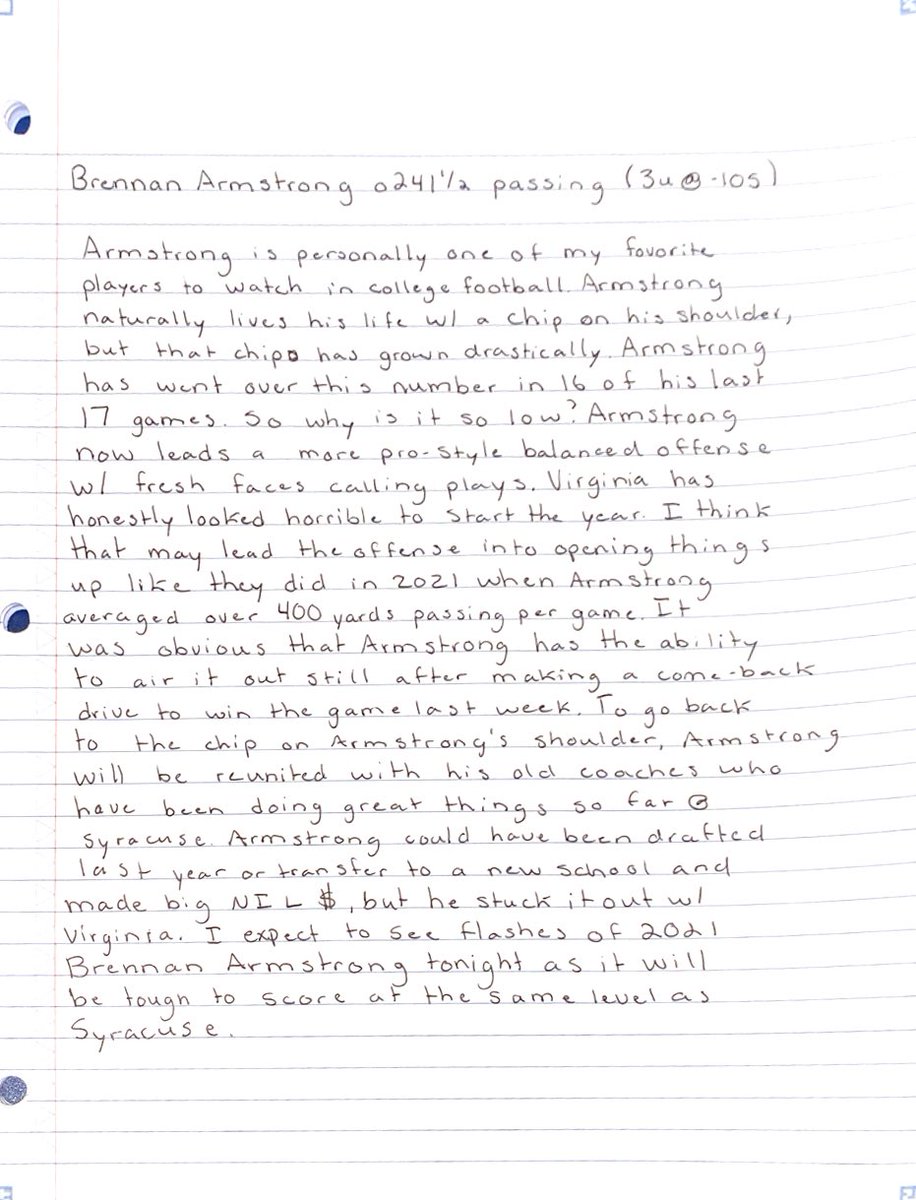 HandyCapN's tweet image. Official plays for 9/23/22 🏈🏈🏈

Brennan Armstrong o241.5 (article included) 

Sean Tucker o104.4 rushing yards 

#GamblingTwitter #FreePicks #Virginia #Syracuse