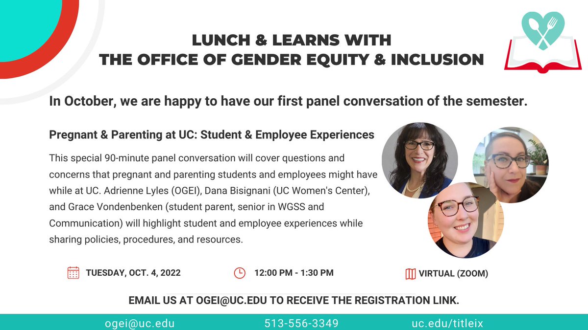 UC_GenderEquity (@ucgenderequity) on Twitter photo It's time for our October Lunch & Learn! We will be hosting Pregnant & Parenting at UC: Student & Employee Experiences. This 90-minute conversation will cover questions and concerns that students and employees might have while at UC. Email us at ogei@uc.edu to register! It's time for our October Lunch & Learn! We will be hosting Pregnant & Parenting at UC: Student & Employee Experiences. This 90-minute conversation will cover questions and concerns that students and employees might have while at UC. Email us at ogei@uc.edu to register!