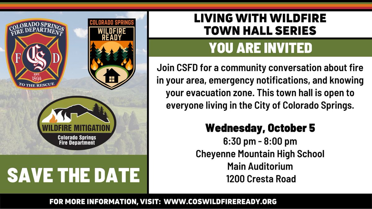 CSFDPIO's tweet image. Don&apos;t miss the LAST Living with Wildfire Town Hall Meeting of 2022 for a conversation about fire risks in town, emergency notifications, and knowing your evacuation zone. Visit: coswildfireready.org/town-hall-seri…

#ColoradoSpringsFire #coswildfireready #COSReady #firesafety