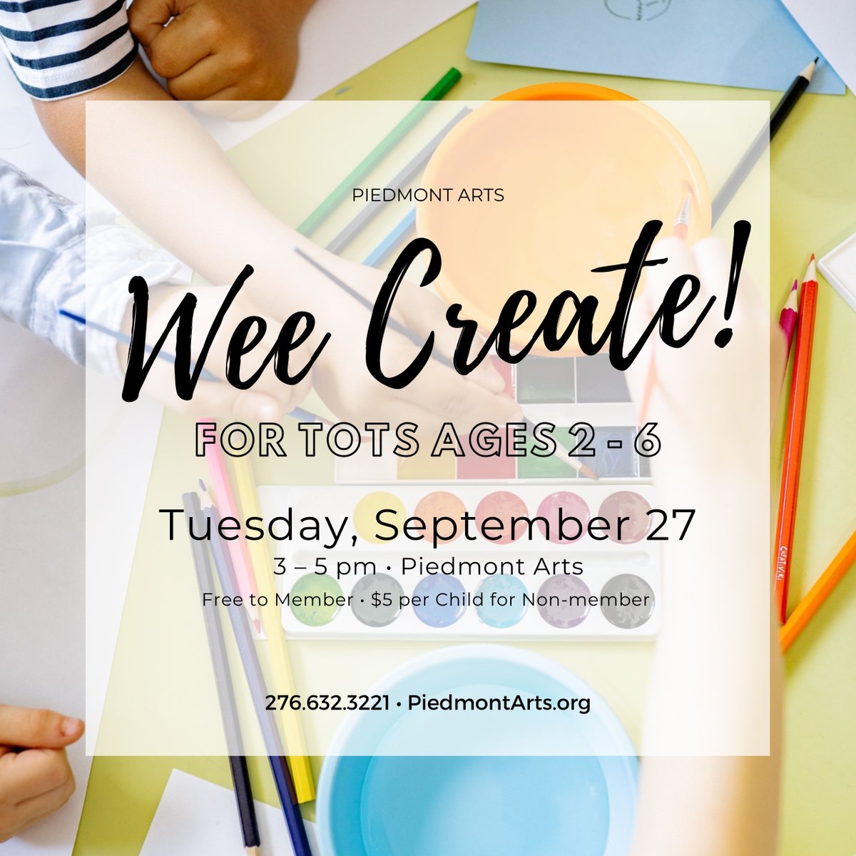 PiedmontArts's tweet image. #WeeCreate returns next week! Bring your tots (ages 2 – 6) for themed crafts in the classroom from 3 – 5 pm. Adult supervision + advanced registration required. Free for members. $5 per child non-members.  piedmontarts.org/calendar/event…