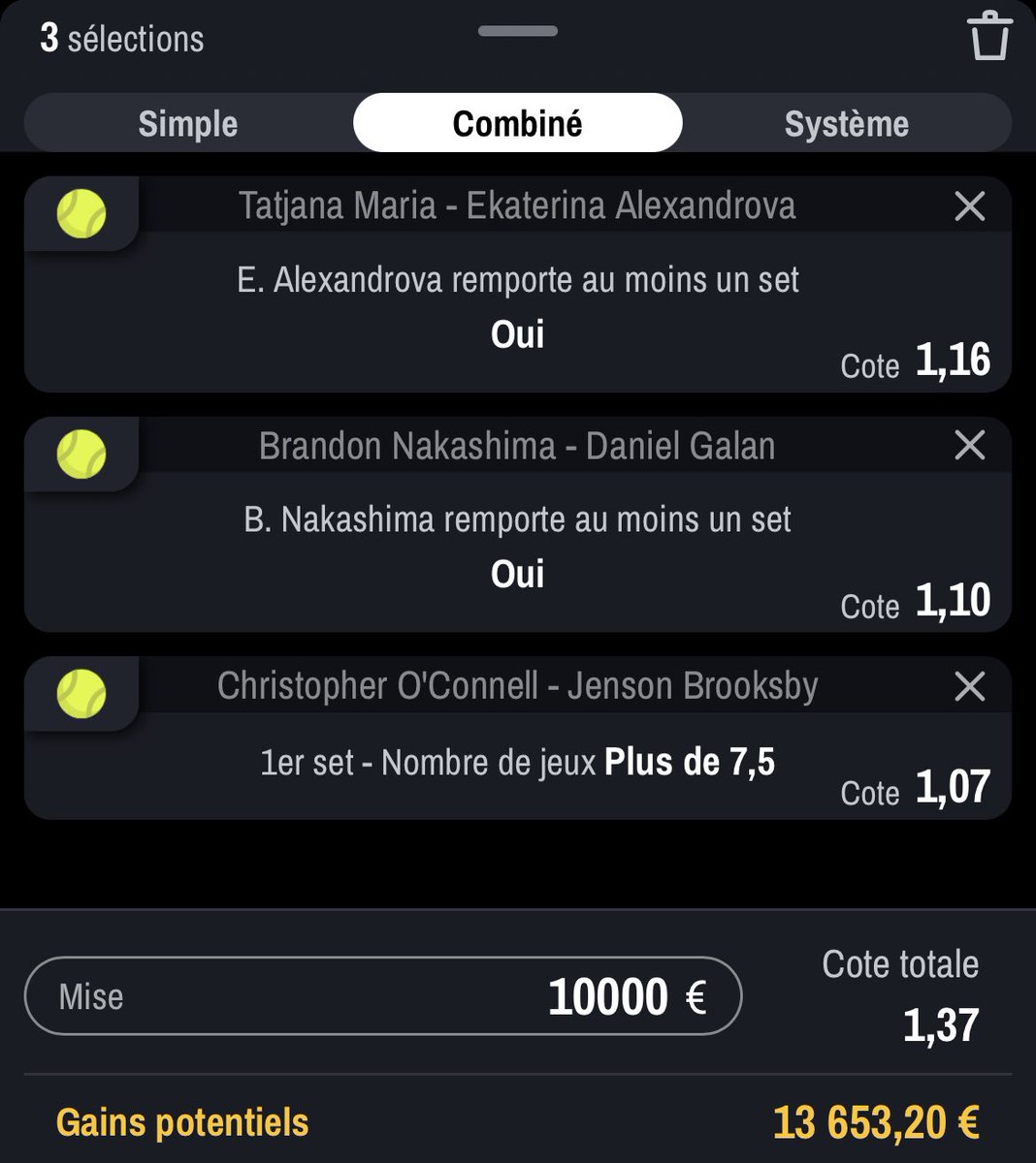 DURACUIRBET's tweet photo. PRONOS TENNIS 🎾 
DURASAFE 🤑

NAKASHIMA 1 SET + ALEXANDROVA 1 SET + (+7,5 JEUX 1er SET O’Connell Brooksby)
Comme hier je balance un DURASAFE dans la nuit suivez partagez !!!  #ParionsSport #TeamParieur #Teamprono https://t.co/VSfTVF9HF7