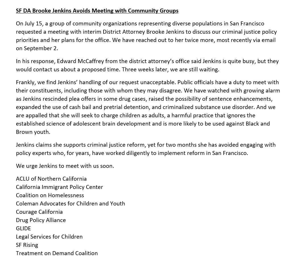 ACLU_NorCal's tweet photo. So, @BrookeJenkinsSF says she supports criminal justice reform.

But for two months she has stonewalled and avoided the policy experts who, for years, have led reform efforts in San Francisco. 

It makes you wonder... https://t.co/EIdQJUD5R5