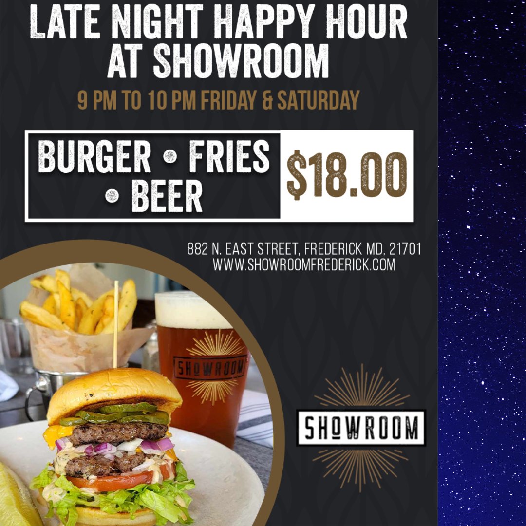 Showroom21701's tweet photo. ππβ¨ Double Stack Burger, Fries, and a beer for $18.
Late Night Happy Hour at Showroom:
Every Friday & Saturday from 9 to 10pm.
#bryanvoltaggio #downtownfrederick #frederickmd #visitfrederick #frederickfoodie https://t.co/fLZbPDea8K