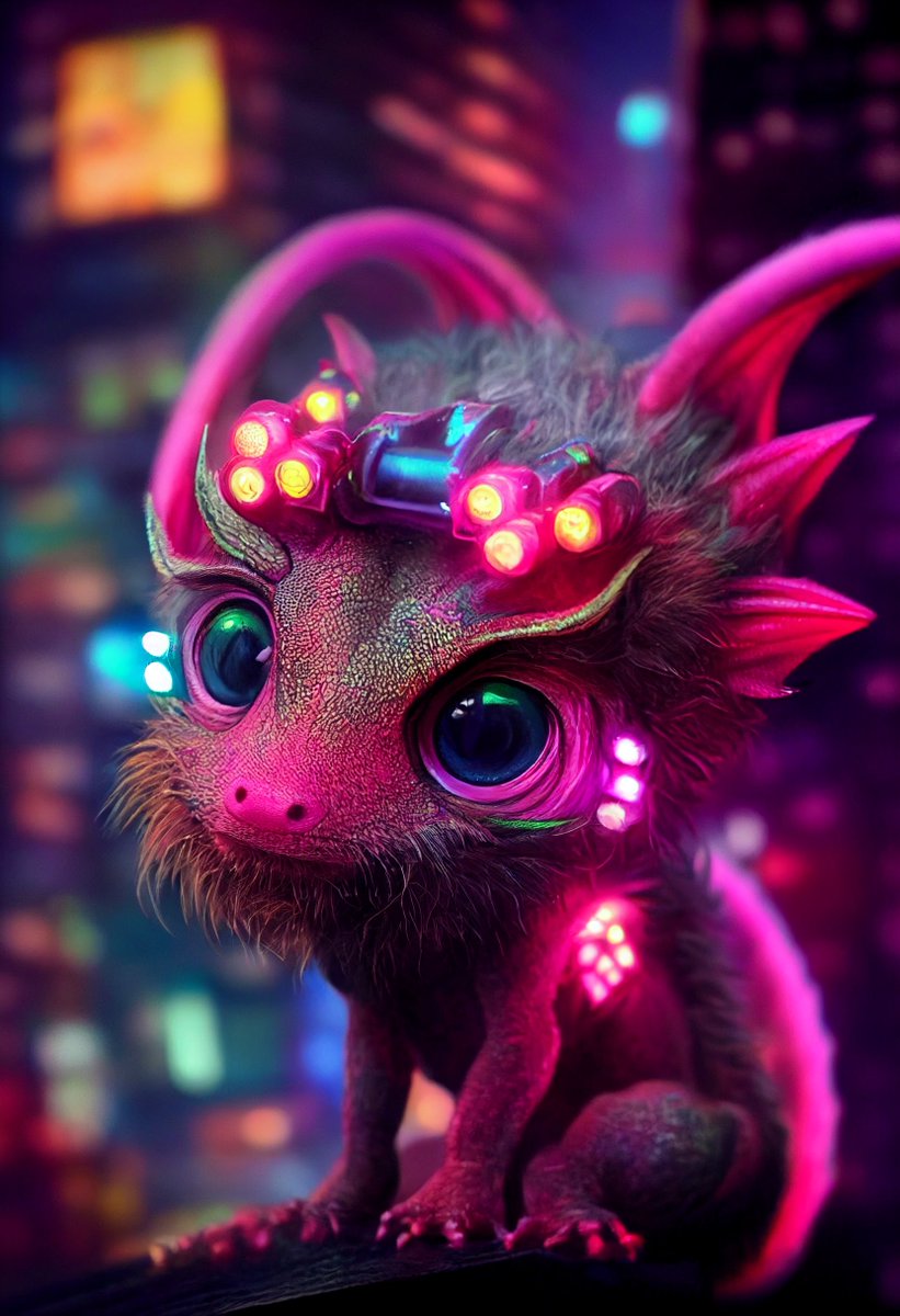 AI_Banksy's tweet photo. Here is a Friday night cyberpunk baby dragon for you to adore!❤️‍🔥What kind of dragon would you love to see in our collection? 😈 https://t.co/4fWuarlEoI