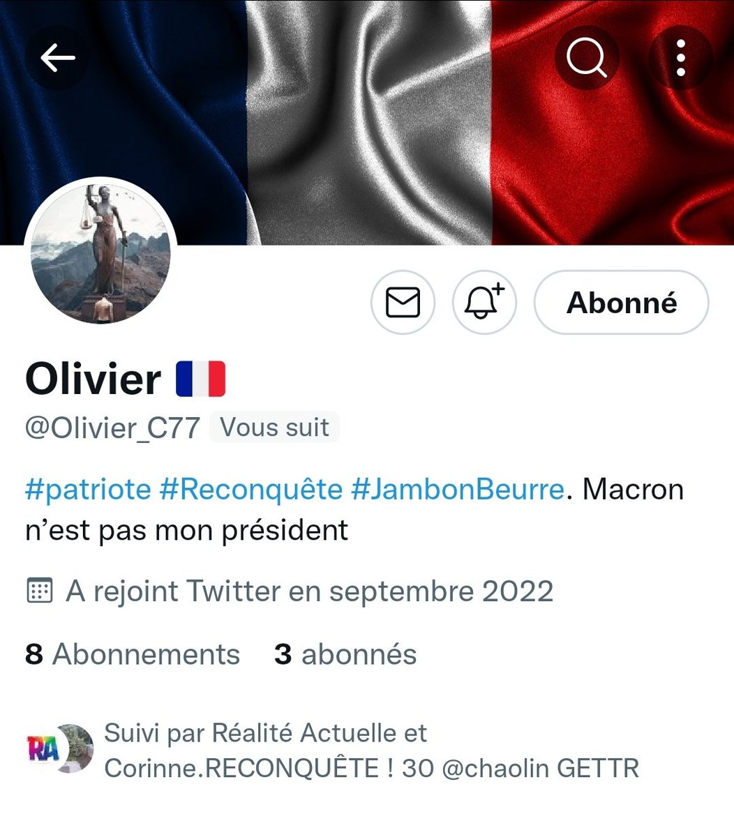 🇫🇷#INFOPATRIOTES🇫🇷
Merci à ma TL, aux #TeamPatriotes/#JambonBeurre d'aider au retour de 
👉@NicBicot3
👉<a href="/AlainRanjard/">Ranjard Alain</a>
👉<a href="/AniteDelfau2/">Anite Delfau</a>
👉@Olivier_C77
Merci pour vos abonnements &amp; vos RETWEETS
😉🇫🇷👍🇫🇷🤗🇫🇷💪
👉RESPECTER la réciprocité du FollowMe/FollowBack
👉<a href="/TeamPatriotes/">👉@GaucheMafia 🌿®🎗️🌿@TeamPatriotes</a> 😉