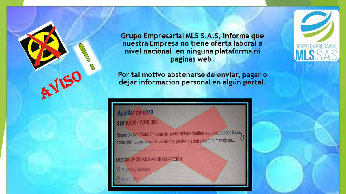 mlscol's tweet photo. Grupo Empresarial MLS, informa a toda la comunidad de las diferentes Sedes y Centros Operativos donde tenemos presencia que no estamos contratando ni recibiendo hojas de vida para laborar, tampoco utilizamos intermediarios para el proceso de selección. https://t.co/Nv4EgQp9ct