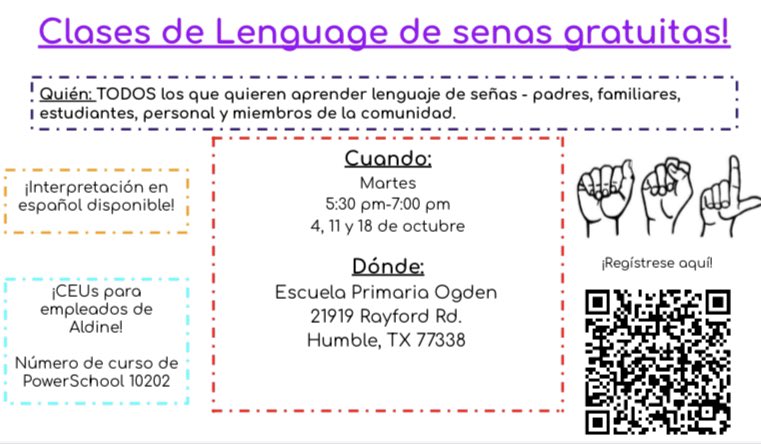 Srockam's tweet photo. The @aldinesped deaf education department is excited to announce that we will be hosting free leveled sign language classes again this fall! @DeafEdAllGrades, @mssmith_deafed, and  @gillianlkilgore are ready to welcome you into their classes - all are welcome! https://t.co/8aiDMjAan1