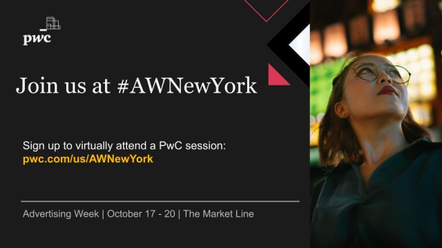 PwC is heading back in person to Advertising Week Oct 17-20! Check out one of our three sessions on Data, the Metaverse and Entertainment &amp; Media: pwc.com/us/AWNewYork pwc.to/3StvXzr