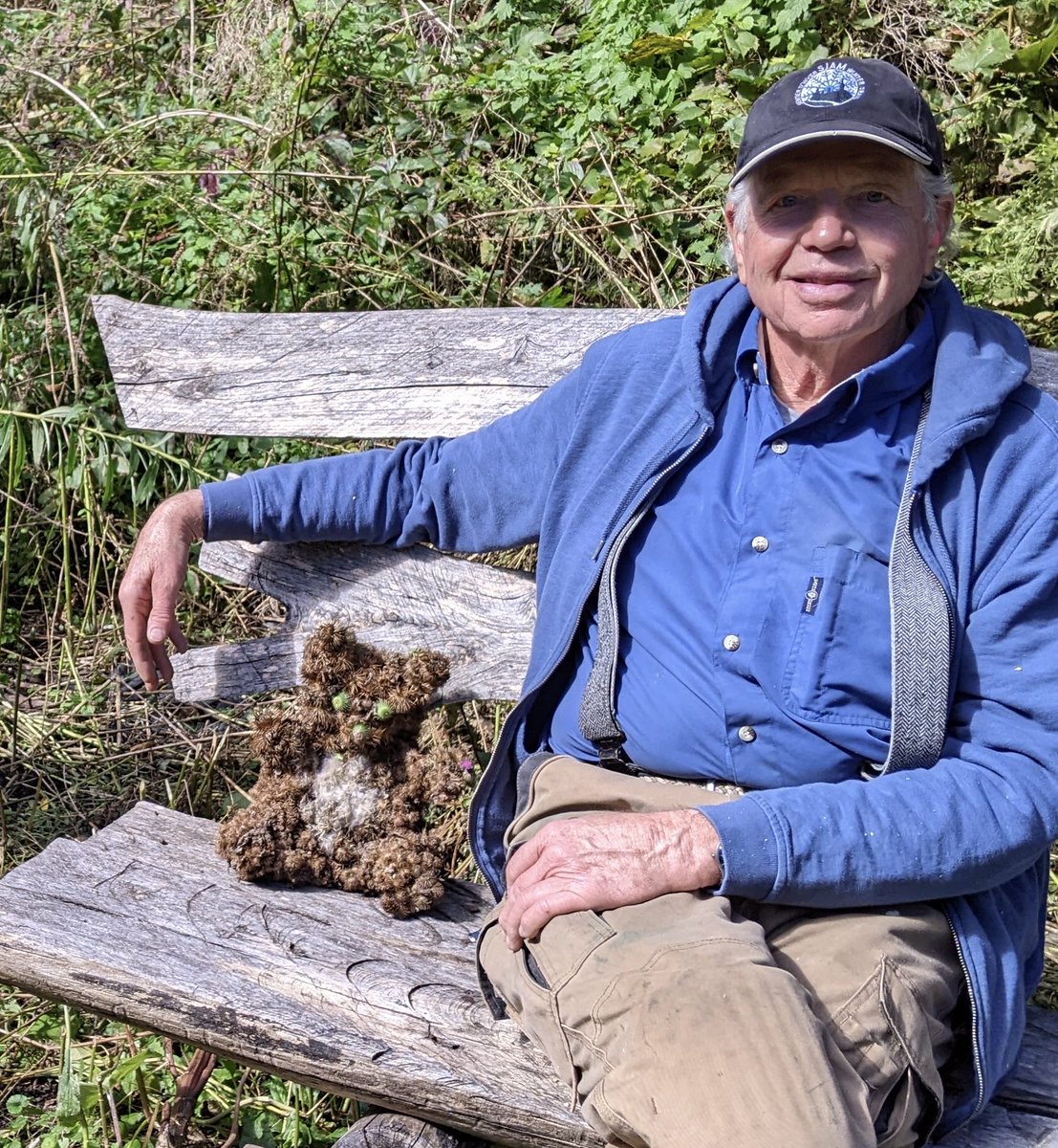 Taking a break with my new pal Burr Bear #5. Maggie, the Bear Lady, and I are getting the snow fence ready to put up. It’s coming😬. Ready?