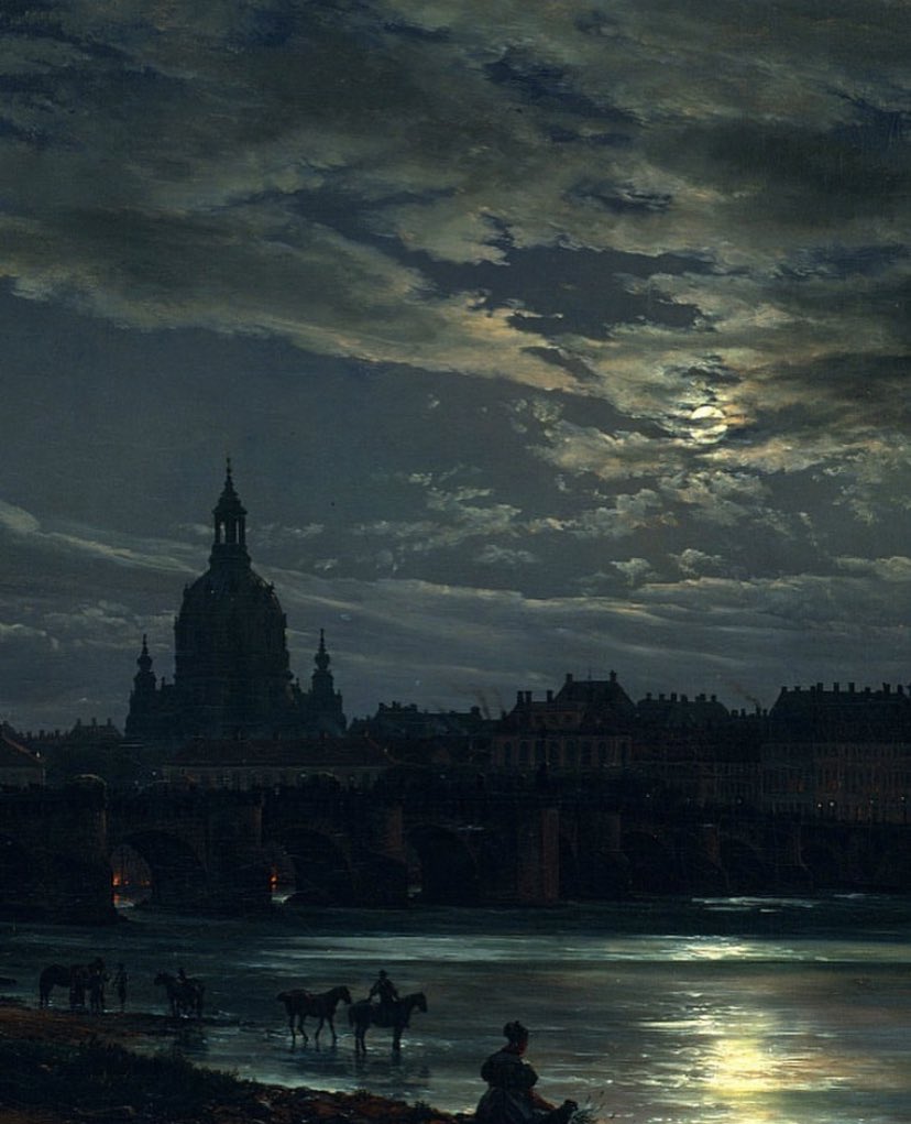 AcademiaAesthe1's tweet photo. Johan Christian Dahl (1788-1857) View of Dresden by Moonlight (detail) 1839 https://t.co/q3SAux3NXX