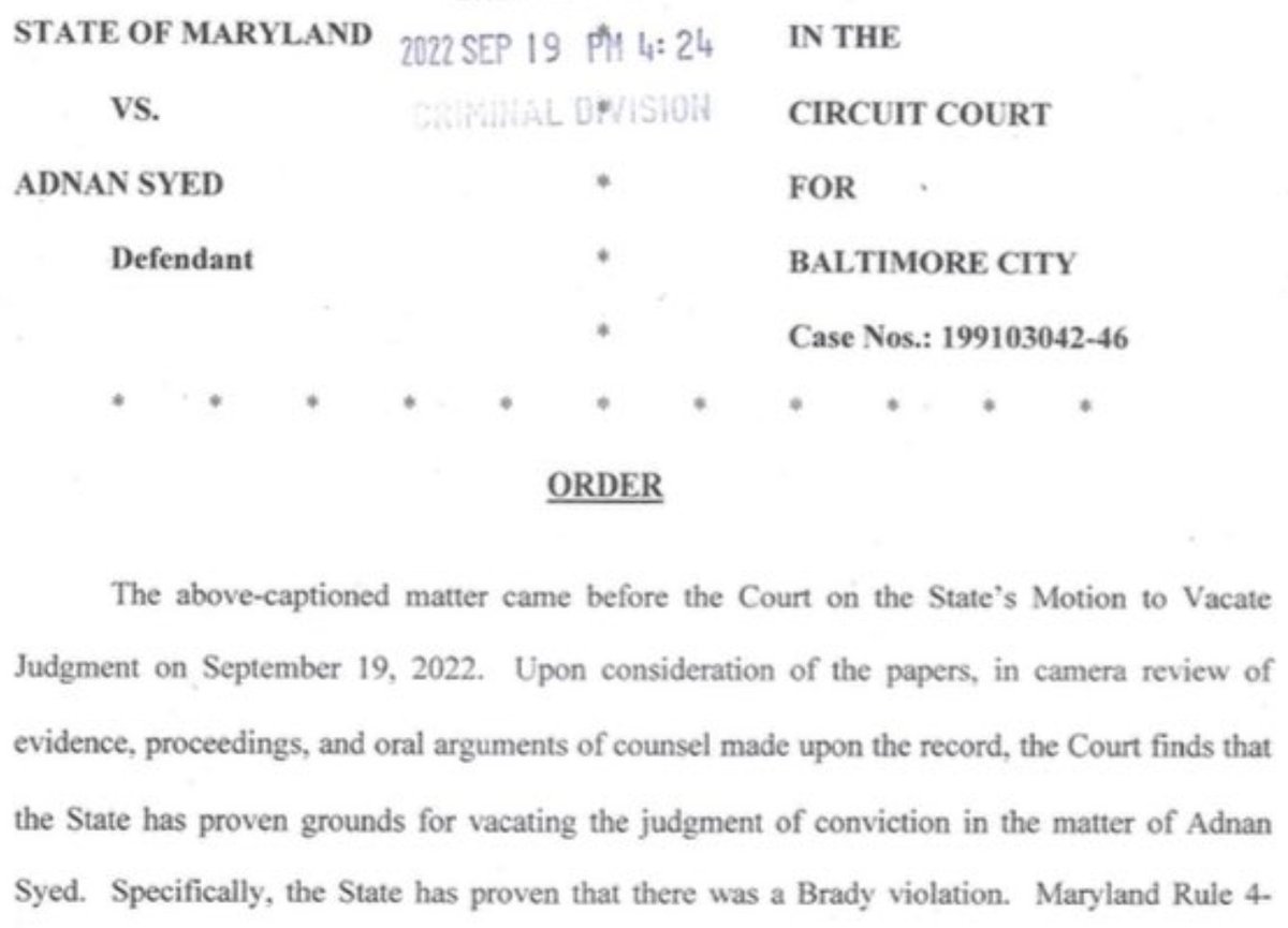 EvidenceProf's tweet image. I've seen some say the judge in the #AdnanSyed case relied on what was stated in the joint motion and not the evidence. That's incorrect. Her order clearly states that she conducted an in camera review of the evidence: