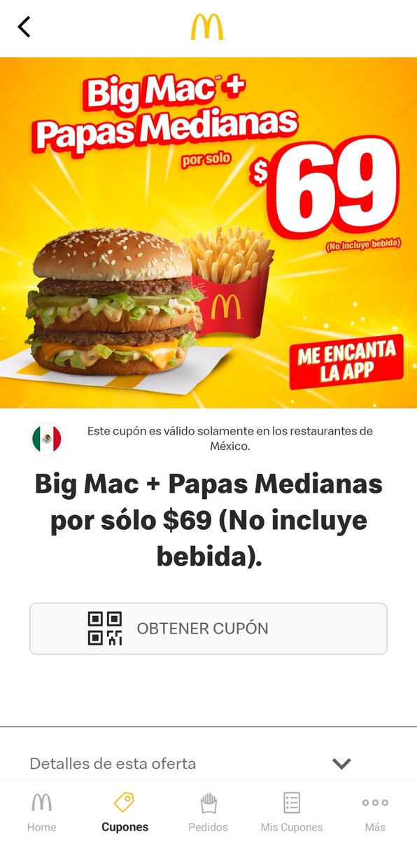 AComer9's tweet photo. Ayer que escribí este tweet me di cuenta que nunca intento probar nada nuevo en @McDonalds y ¡boom! Descargue la App y encontré un cupón de 1 bigMac y papas medianas por $69 ¿Me animaré a pedir otra cosa? https://t.co/xcIdjD2ZFi