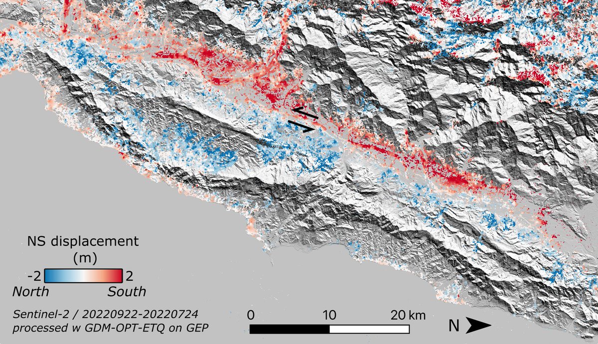 FlorianeProvost's tweet photo. Co-seismic displacement from #Sentinel2 images over the region of the Mw6.9 #Taiwan earthquake. Computed with GDM-OPT-ETQ on GEP using MicMac. NS and EW displacement maps here : https://t.co/szzTwExOYo https://t.co/s6v662ajOA