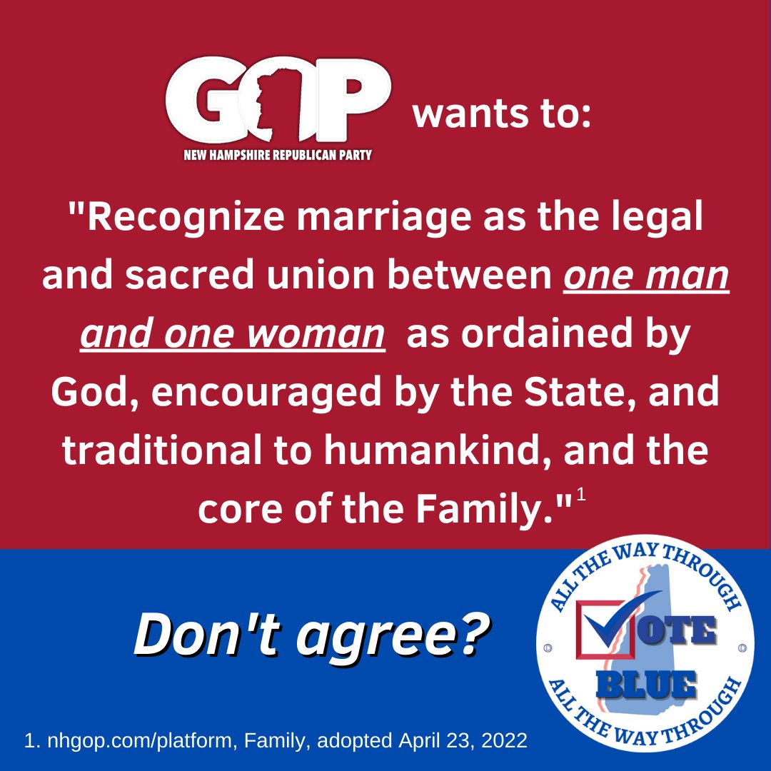 DoverNHDems's tweet image. First, they came for women's rights, and next is the right to marry for the LGBTQ+ community in NH.

#Election2022 #NHPolitics #LBGTQ #voteblueallthewaythrough #SunsettingSununu #NHpolitics