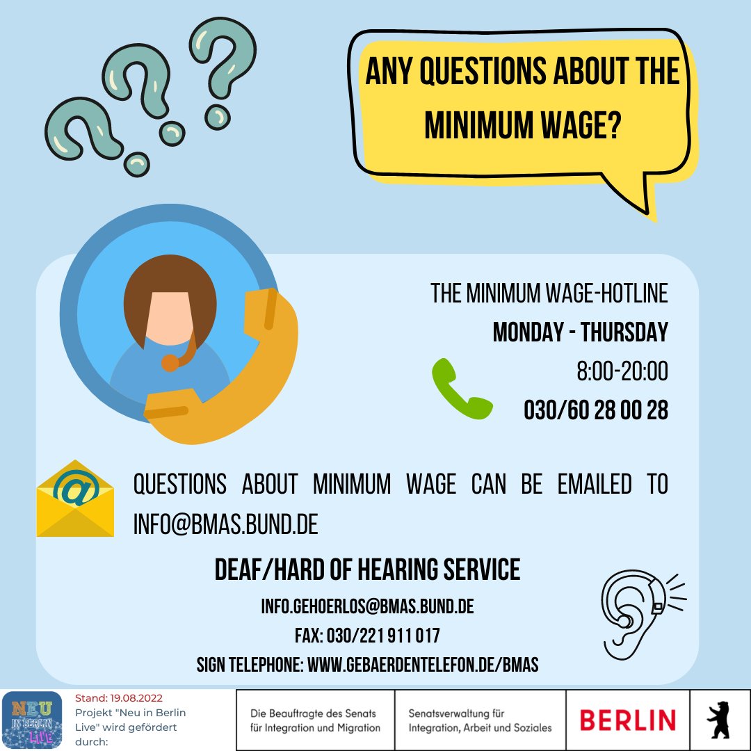 berlin_neu's tweet photo. Did you know the minimum salary in #Germany is going up from 1st October? Find out by how much, whom this applies to and what it means in terms of extra earnings by checking out our infographics below 👇 for more info see: https://t.co/otYEUSfIc9 #NiB_EN #Mindestlohn https://t.co/hDXELK7PNO