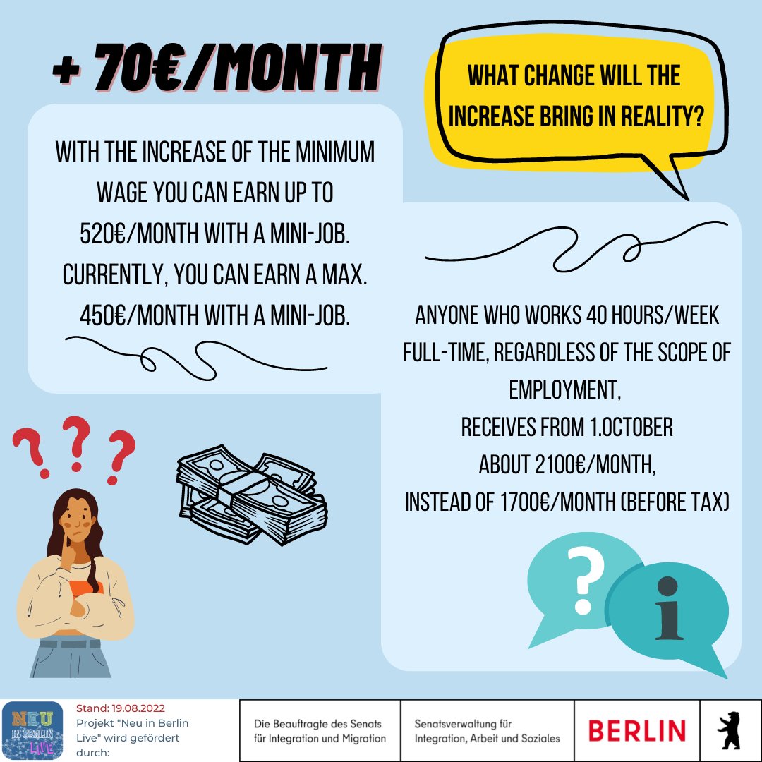 berlin_neu's tweet photo. Did you know the minimum salary in #Germany is going up from 1st October? Find out by how much, whom this applies to and what it means in terms of extra earnings by checking out our infographics below 👇 for more info see: https://t.co/otYEUSfIc9 #NiB_EN #Mindestlohn https://t.co/hDXELK7PNO
