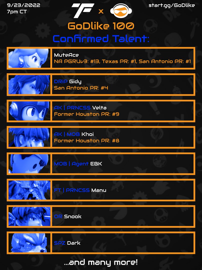 FirstTakeGG's tweet photo. GoDlike 100 is TONIGHT! Come join these amazing players at tonightβs event, now including San Antonio powerhouse @GidyTheGreat & worldβs best Peach main @MuteAce_!
#GoDlikeGrindset @playgameofdream
https://t.co/wINYFdpCjZ https://t.co/PSywZae1he