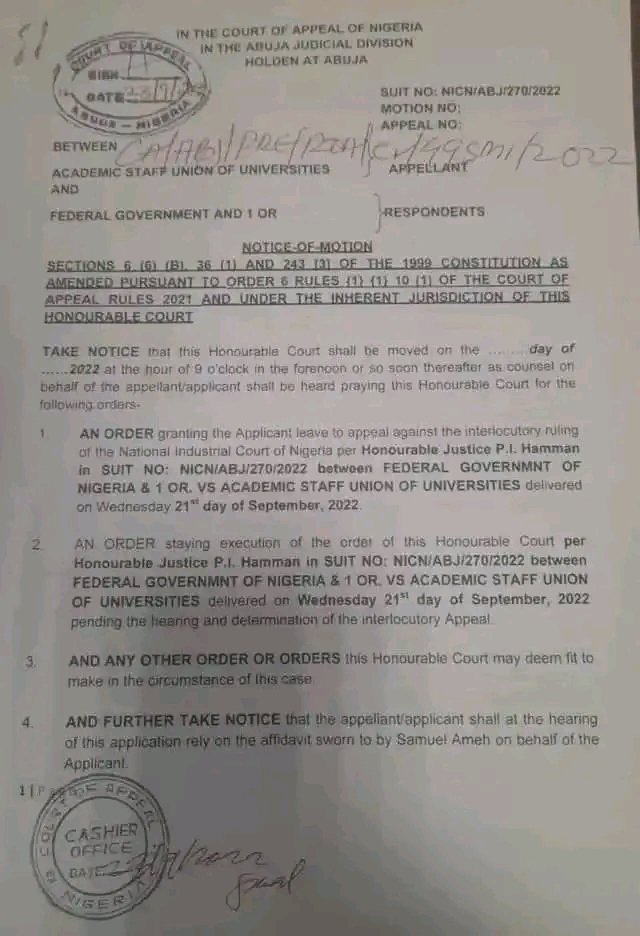 unizik_plus's tweet photo. #ASUUvsFG: The Academic Staff Union of Universities (ASUU) has successfully filed an appeal challenging the ruling of the industrial court.
#ASUUstrike https://t.co/8IEw90mqqN