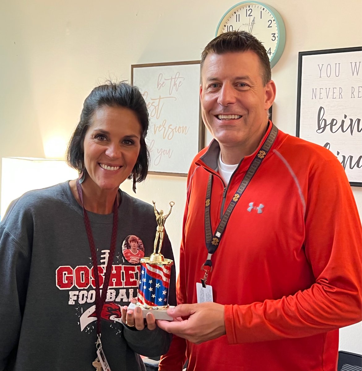 This year, there is a traveling “Spirit” trophy which is awarded to the school or department that shows the most spirit during the previous week. This week’s winner: GJHS!! Accepting for the school, Melissa Worthman and Jeromy Sheets. #HeartofaRedHawk