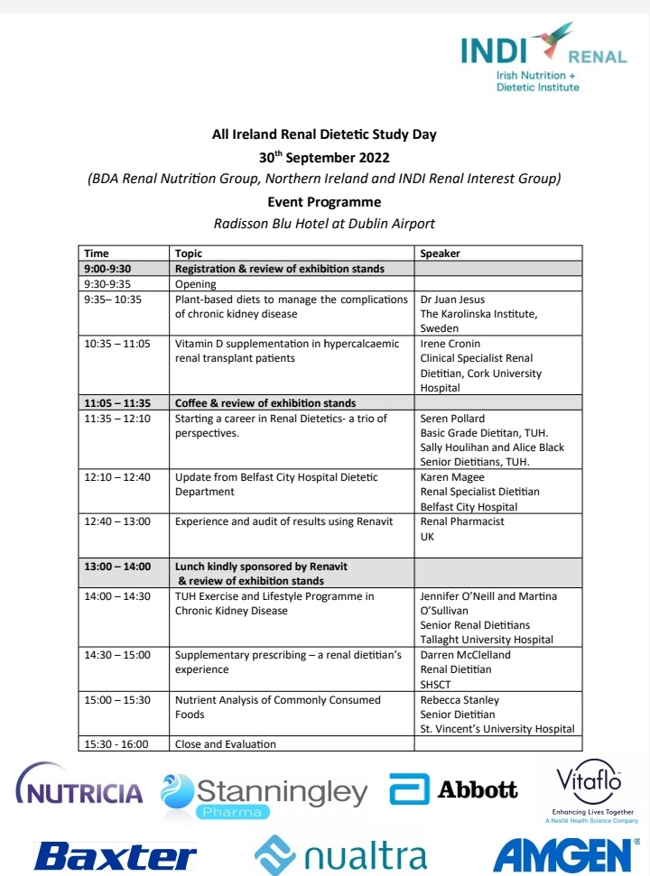 irishkidneyRDs's tweet photo. So excited that there is only a week to go before our All Ireland Renal Dietetic Study Day @trust_indi @bda_renal Looking forward to connecting with renal dietitians from all over Ireland.
Thanks to all our sponsors for their support in facilitating this event. https://t.co/ilYNqwAUND