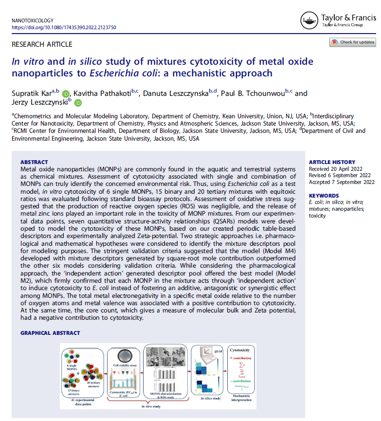 SupratikKar's tweet photo. The first Q1 publication has been published under my new affiliation of @KeanUniversity. The title of the work is "In vitro and in silico study of mixtures cytotoxicity of metal oxide nanoparticles to Escherichia coli: a mechanistic approach" published in Nanotoxicology! https://t.co/1FiyKYxCST