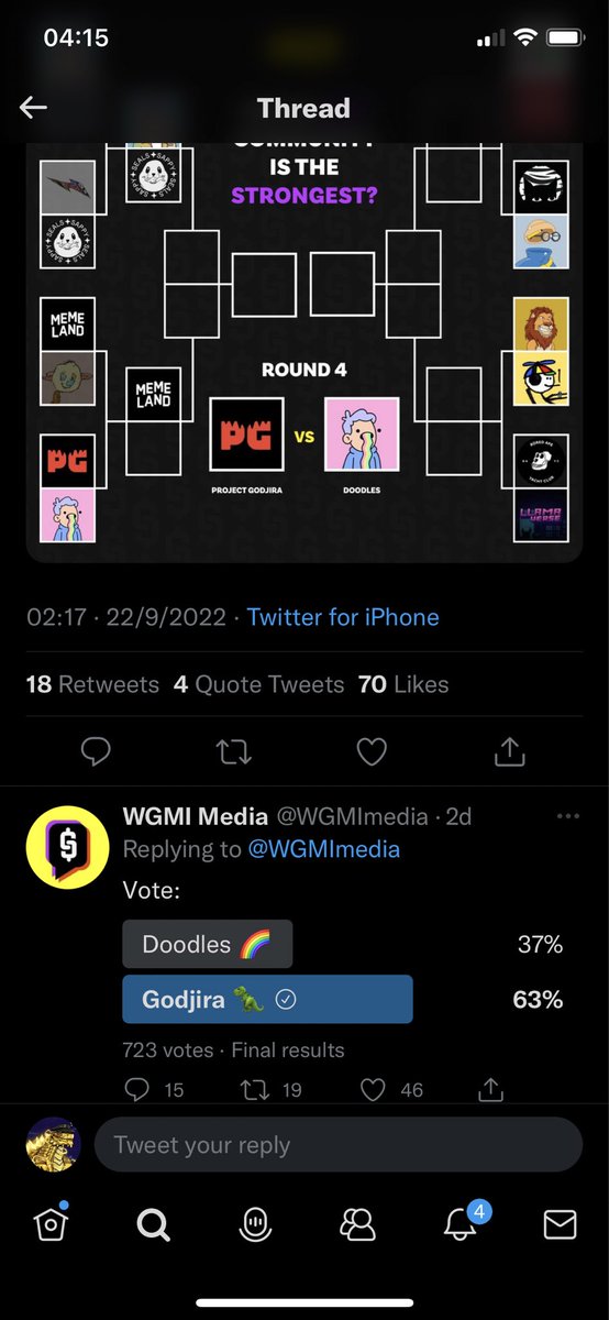 Seems like <a href="/PGodjira/">Banned Feed 🔞 ☠️</a> won the poll against the doods in a poll conducted by <a href="/WGMImedia/">WGMI Media</a> ❤️. Fun poll but learnt two things based on the comments:

1. How a lot of “blue chip” holders discount other projects

2. The need for us to change our marketing strategy in this bear