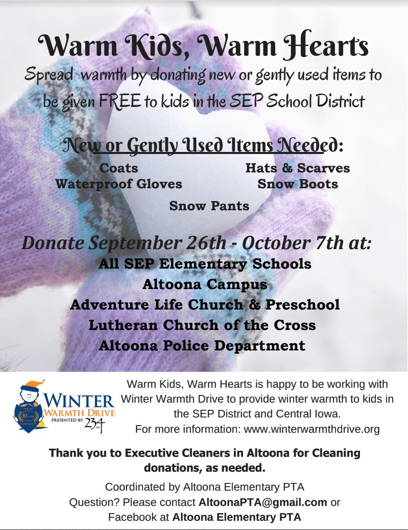 Warm Kids, Warm Hearts!  Please retweet to help spread the word! #retweet #winterwarmthdrive #1SEP <a href="/SEPSchools/">SEP Schools</a> #PTA @SEPRunnellsElem <a href="/sep_delaware/">SEP Delaware Elementary</a> <a href="/sep_fourmile/">SEP Four Mile Elementary</a> <a href="/MVilleElem/">Mitchellville Elem</a> #Centennial #Clay #Willowbrook <a href="/SpringCreek6th/">Spring Creek 6th</a>
