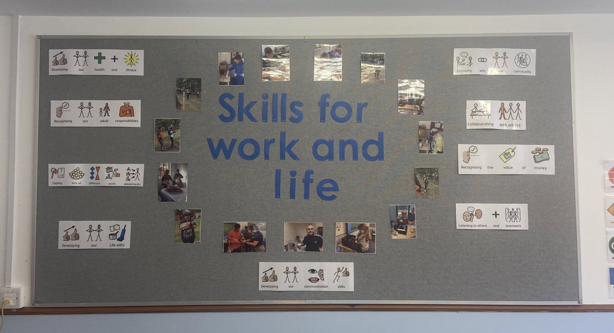 Caught @CollicottEmma working on this display earlier today! A fab, learner friendly, accessible way of displaying curriculum intent. A focal point of the key aims and outcomes for learners from their course, surrounded by photos of them too! 💫#specialistFE #SEND #classrooms