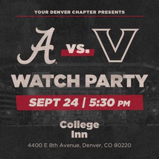 BamaDenver's tweet photo. Join us Saturday at the College Inn to watch Bama play the ‘Dores. Must be 21+. #RTR https://t.co/WS0wHDbdn4