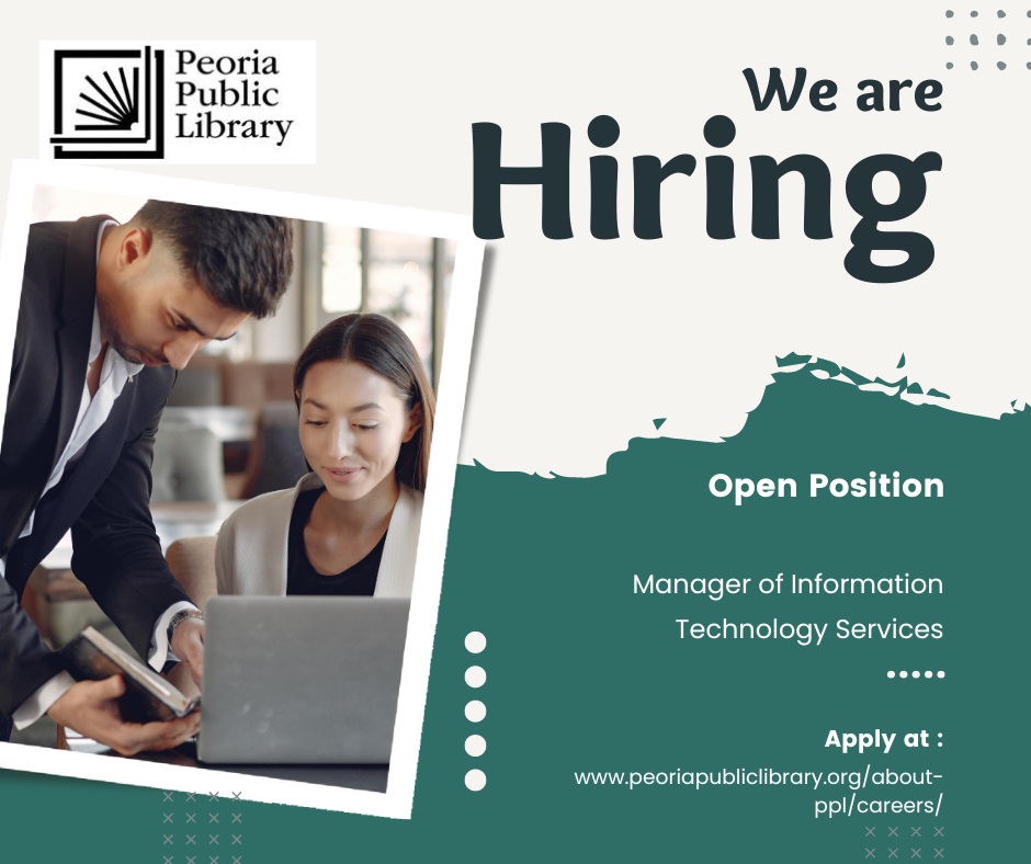 PeoPubLibrary's tweet image. Deadline to apply for PPL&apos;s Mgr. of IT is Oct. 3.
Join our team!
Job details, including salary range and how to apply, can be found here: peoriapubliclibrary.org/about-ppl/care…

#hiringnow #computerguru #peoriapubliclibrary #ITjobs