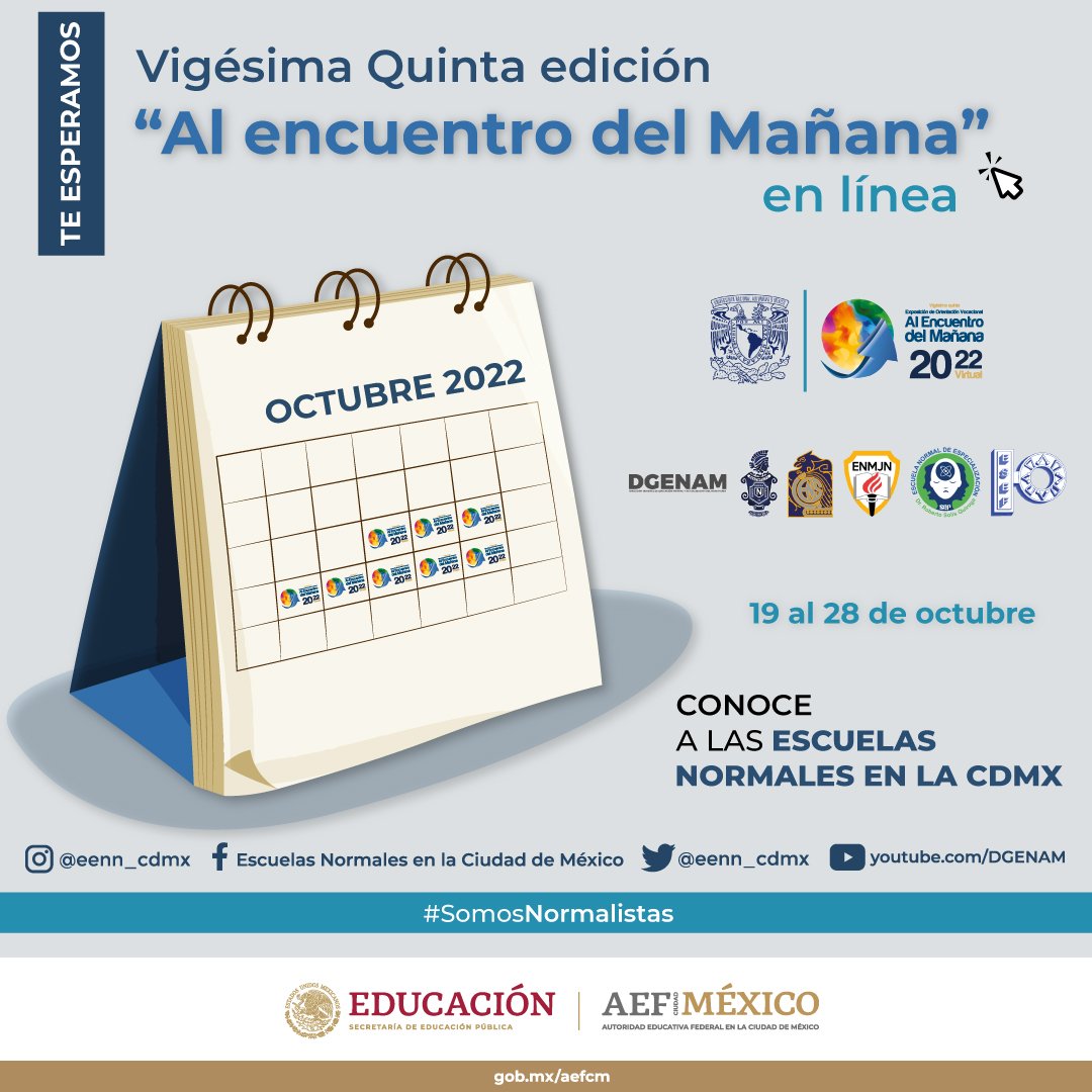 EENN_CDMX's tweet photo. Próximamente “Al Encuentro del Mañana”, evento pensado para ti y un mejor futuro.
¡No faltes, te estaremos esperando!
#SomosNormalistas #VidaNormalista #EscuelasNormales #FormaciónDocente #Educación #DGENAM #AlEncuentrodelMañana2022 https://t.co/myXfMAv0Wd