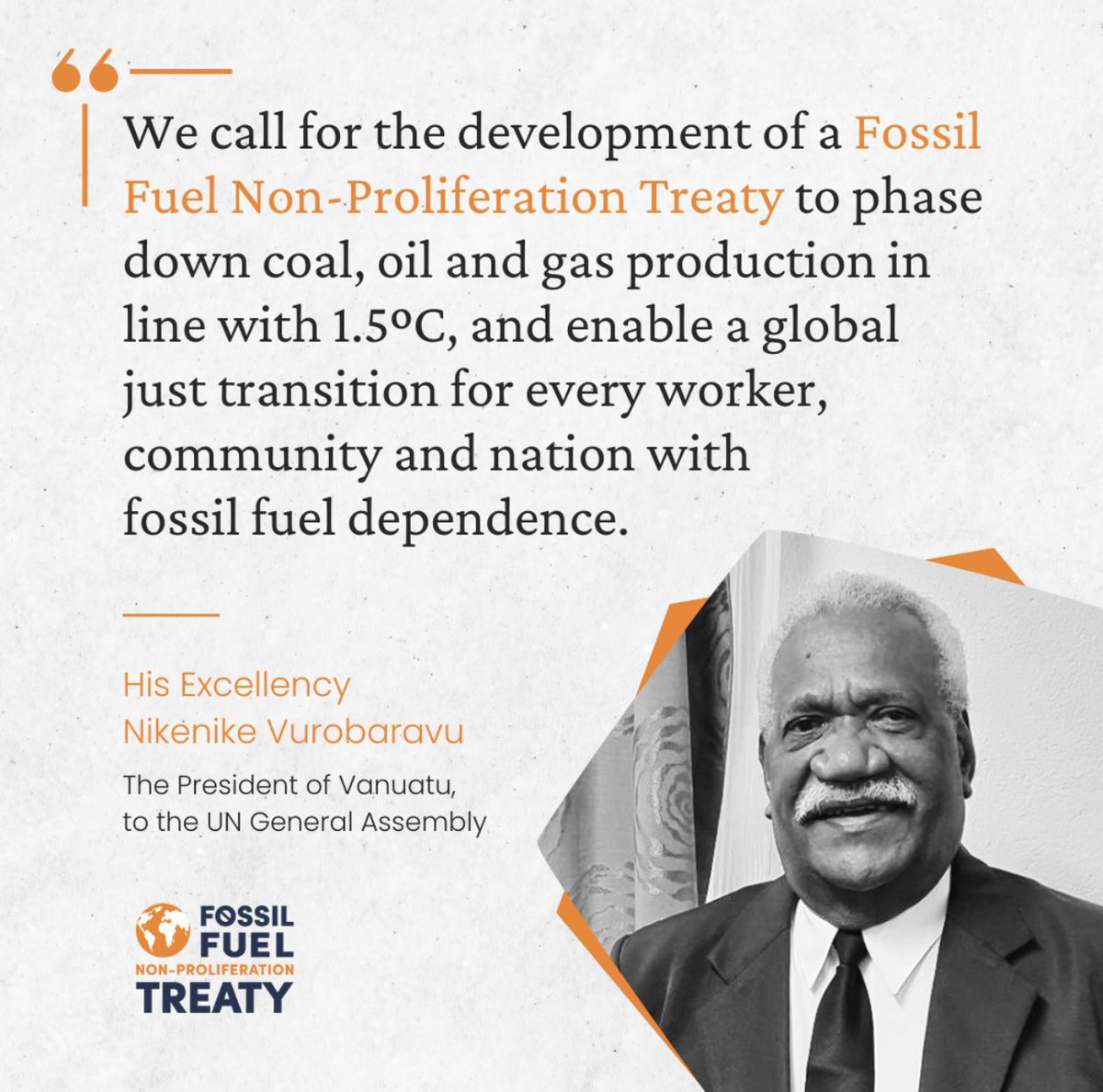 CANPacificIs's tweet photo. #Vanuatu 🇻🇺has become the first nation-state to call for the establishment of a Fossil Fuel Non-Proliferation Treaty. President Nikenike Vurobaravu invited members of the #UN 🇺🇳 General Assembly to join Vanuatu in developing a #FossilFuelTreaty on the global stage. https://t.co/qjRrnwPI4w