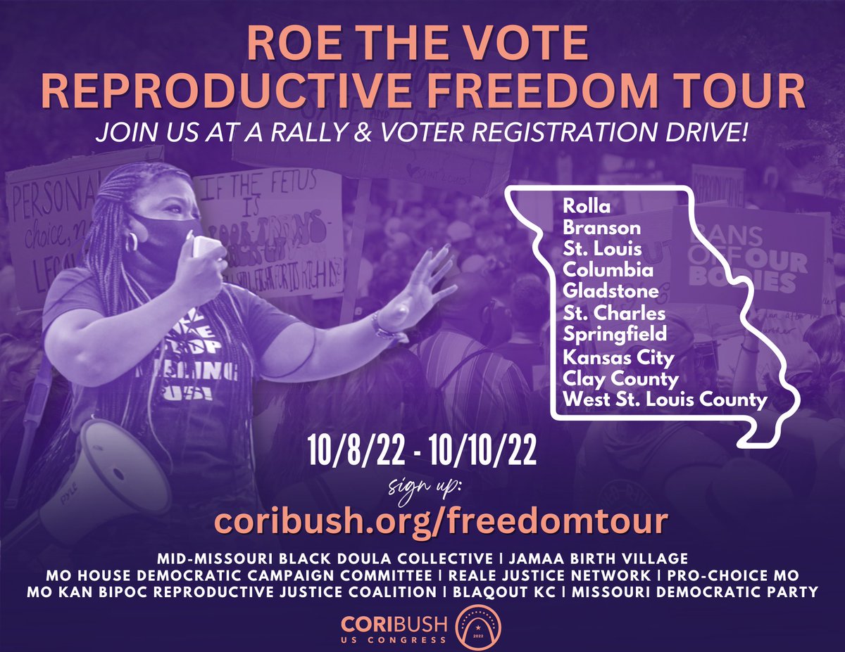 I'm proud to announce the Roe The Vote: Reproductive Freedom Tour across Missouri!

People everywhere need to know that Dems are the pro-human rights, pro-bodily autonomy, pro-reproductive justice party fighting to protect our fundamental rights!

This is how we win.