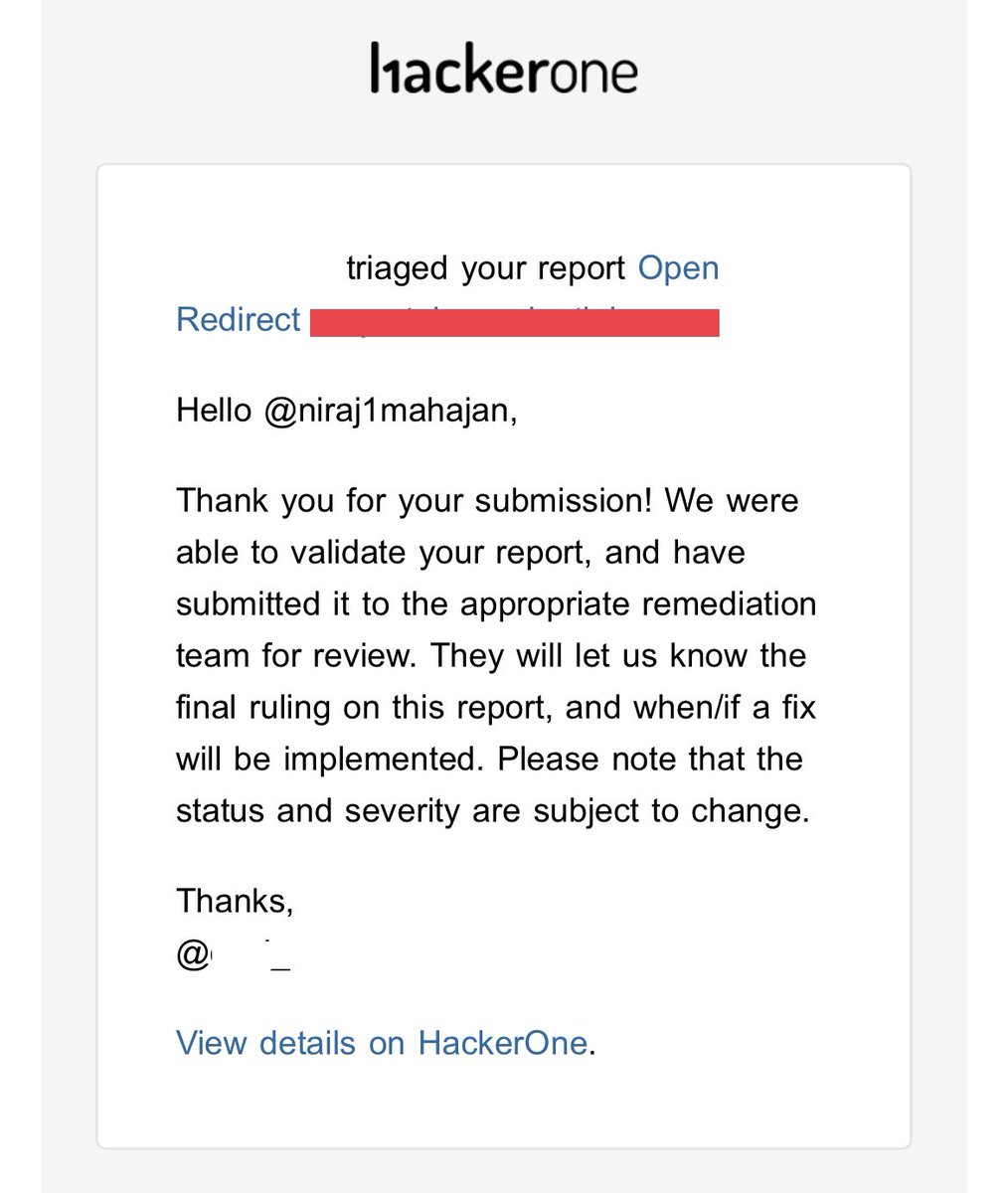 niraj1mahajan's tweet photo. Triaged after soo long on @Hacker0x01  !! 🥳

Open redirect payload works for me again.

https://t.co/nNZ3ca6hL3

#bugbounty #bugbountytips #hackerone #bugcrowd #triaged #bug #vulnerability #infosec #cybersecurity #vapt #Pentesting #openredirect https://t.co/hc0He0maxO
