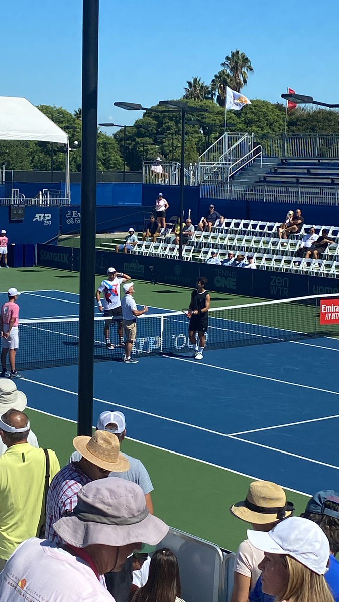 SamEvansSD's tweet photo. First quarterfinal match of the day at the #SDOpen.

7th seeded James Duckworth will be taking on 3rd seeded Marcos Girón.
It’s the only quarterfinal that will feature two seeded players.

I’ll be here with match updates throughout for @EVT_News. https://t.co/9C16MDszDV