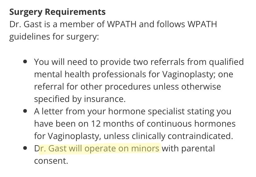 The hospital confirms a few times throughout their website that Dr. Gast “will operate on minors” in the gender program.