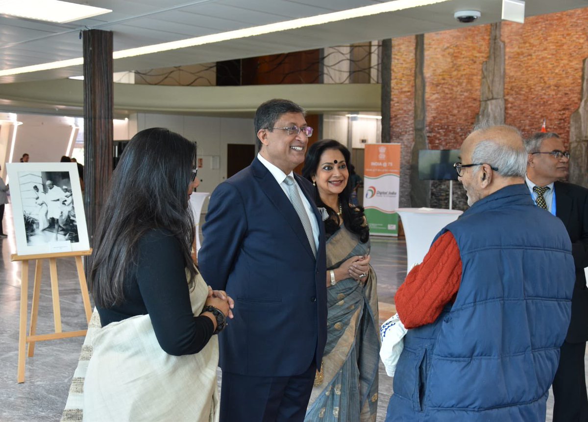 AmbSanjay_'s tweet photo. #IndiaintheAlps

Diplomats &amp; @UN officials attended launch of #Gandhi@150 photo exhibition by Kulwant Roy, curated by @aditya_museo

Delighted to have Swamiji from Vedanta Society, who had met #Mahatma when he was a young boy https://t.co/lAx71kB4Wm